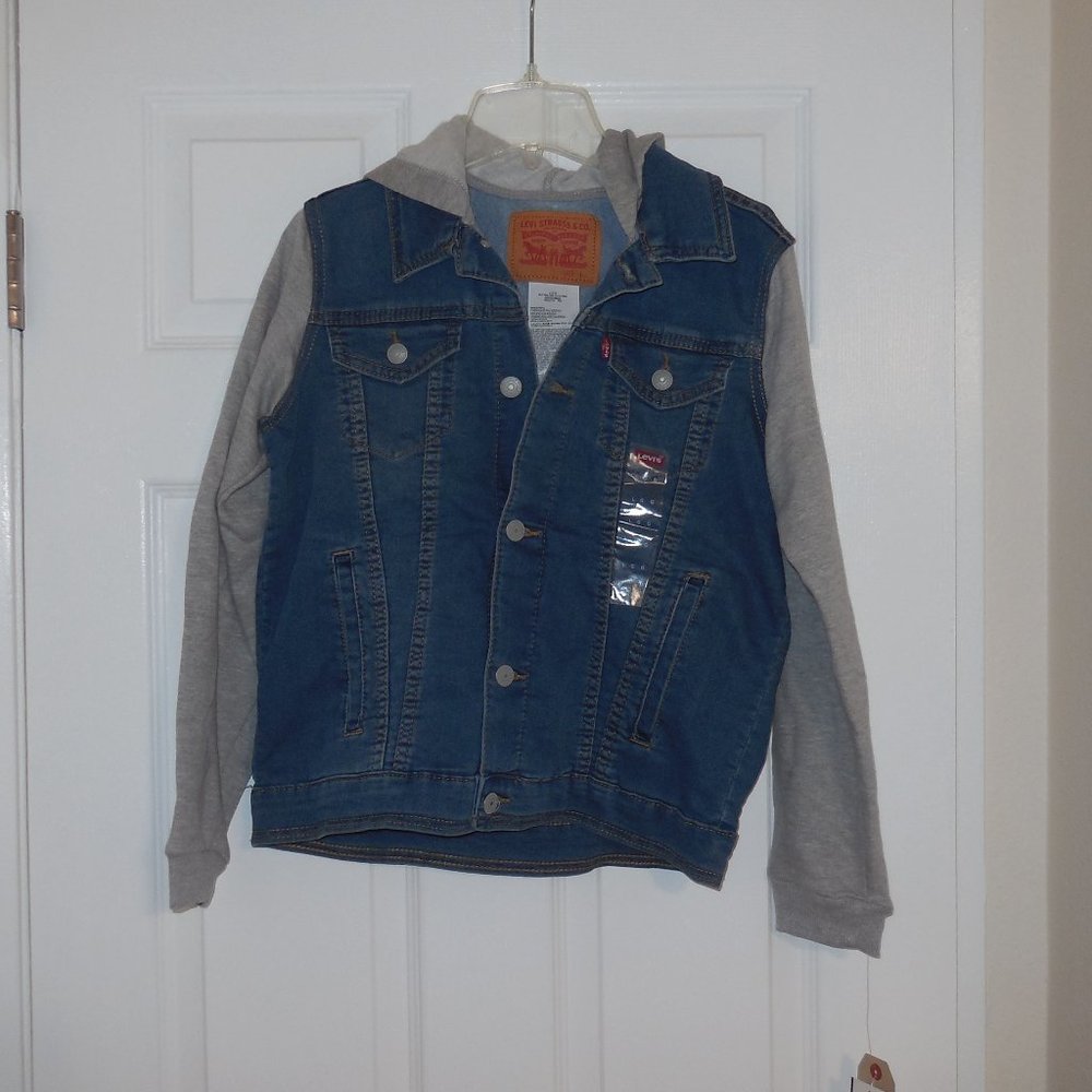 LEVI’S Boys Trucker Jacket Blue Gray Denim Jean Hooded Hoodie Size L